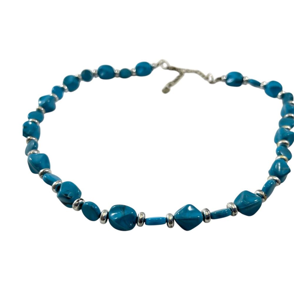 VTG Turquoise Blue Beaded Statement Necklace Silver Tone Heart Tag Southwest